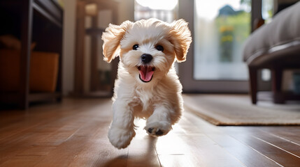 a Maltipoo dog, a mix of Maltese and Poodle breeds, is running at home. generative AI - 787145955