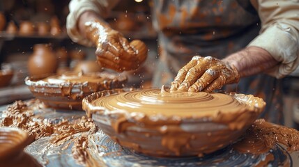 Artist shaping clay on pottery wheel with hands in sunny workshop.