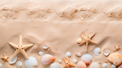 Fototapeta na wymiar Top view of a sandy beach texture with exotic shells.