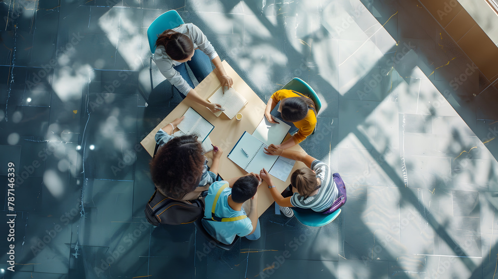 Poster Top view of group of students sitting together at table University students doing group study : Generative AI