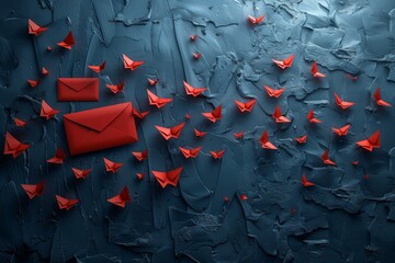 A vibrant contrast of red paper planes and envelopes against a rough blue wall texture, depicting...