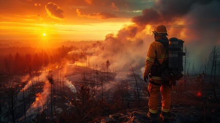Firefighter observing wildfire at sunset. International Firefighters' Day