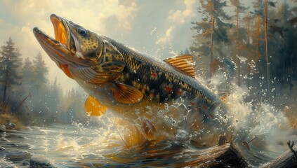 A rayfinned fish with a majestic tail is leaping out of the water in a painting capturing the...