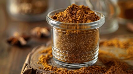 Pumpkin pie spice made at home and stored in a glass container - obrazy, fototapety, plakaty