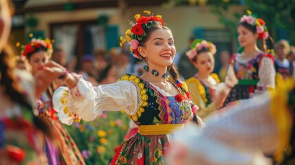 Traditional folk dancers in colorful costumes. Cultural heritage and celebration concept. Shavuot - obrazy, fototapety, plakaty