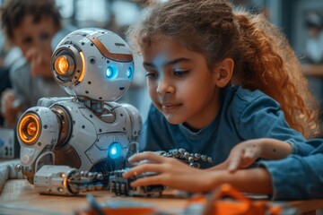 A young girl engages with a futuristic robot while a curious boy looks on, conveying themes of education and technology interaction