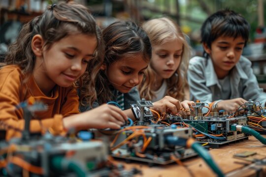A group of children are focused on assembling and programming robotic devices, showcasing teamwork and early STEM education