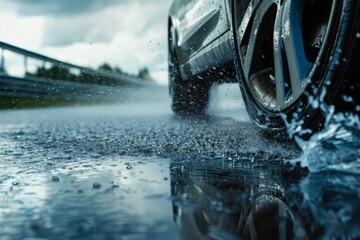 A vehicle with wet tires splashes through water on the road - obrazy, fototapety, plakaty