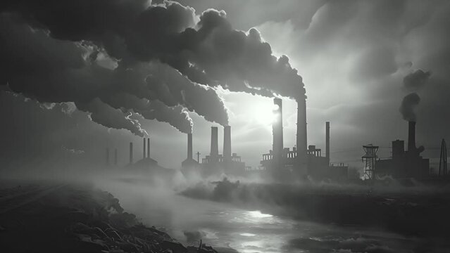 Monochrome image: active industrial factory emits thick smoke, starkly contrasting landscape, suggesting high production and pollution