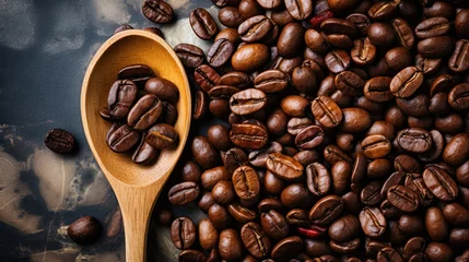 Poster Freshly Roasted Coffee Beans on Wooden Spoon.Generative ai. © perpis