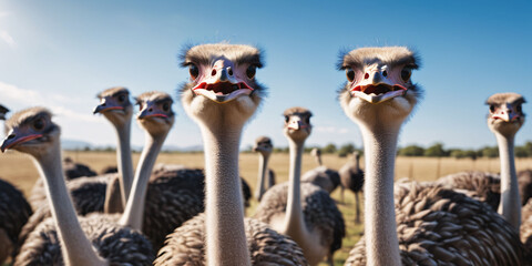 A Curious Herd of Ostriches Gazes at the Camera. A group of ostriches, including chicks and adults, with long necks and brown feathers stand together in a grassy plain 