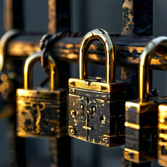 Collection of black and gold metallic padlocks, locks isolated on a transparent background. PNG, cutout, or clipping path.
