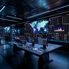 A computer room with a large monitor displaying a world map