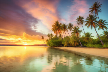 Super beautiful colors of the sunset on the sea with the palms. Reflection of green, blue, and yellow on the sea. Colorful clouds, beautiful view. Amazing background for the desktop.