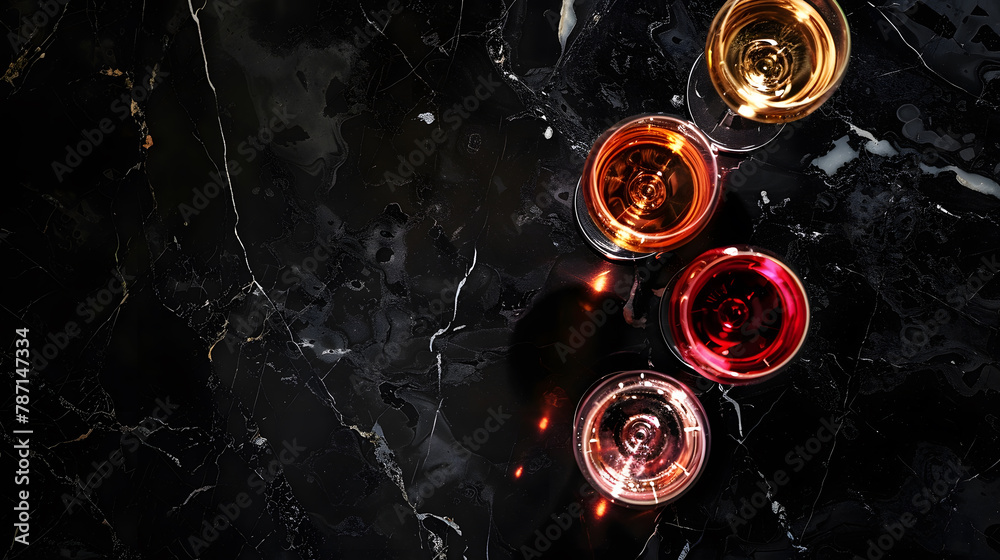 Poster glasses with red white and rose wine on black marble background view above copy space : generative a