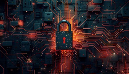 visually striking image featuring a padlock symbolizing security and abstract circuit traces representing cybersecurity