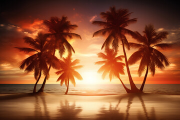 Palms brown silhouettes on the coast. Beautiful sunset, violet, and orange skyline.