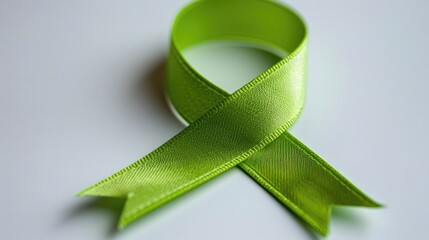 Green awareness ribbon isolated on white background. Symbol of mental health, kidney donation