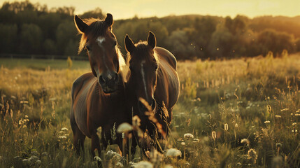 two horses in the field - obrazy, fototapety, plakaty