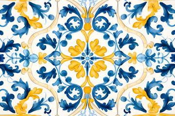 Pattern of Portuguese azulejos tiles. Rustic blue and yellow tile watercolor seamless pattern