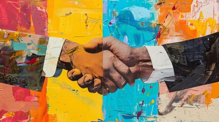 Art collage of a handshake closing a deal.