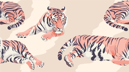 Pink tiger lies in three Four poses. Hand drawn Vector