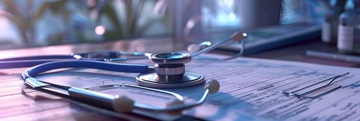 Stethoscope with Cancer Patient Files on the doctors table in clinic with bokeh background