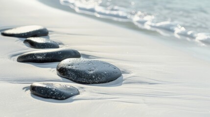 Smooth glossy black pebbles on a bright white sandy beach
