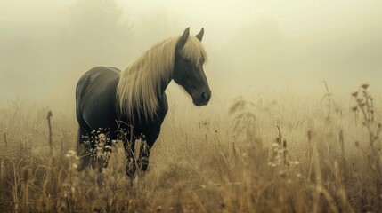 Shiny black horse with a glossy white mane in a misty field - obrazy, fototapety, plakaty