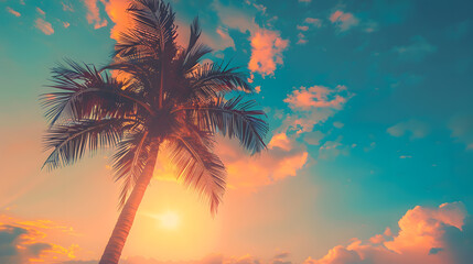 Copy space of silhouette tropical palm tree with sun light on sunset sky and cloud abstract background Summer vacation and nature travel adventure concept Vintage tone filter effect co : Generative AI