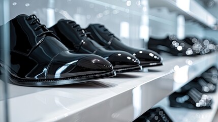 Stylish glossy black patent leather shoes on a pristine white shelf