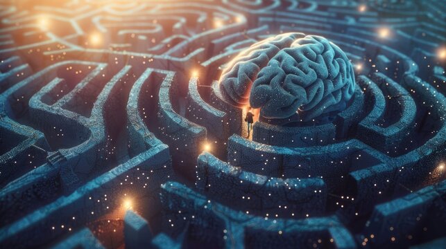 Human brain in a maze with a person at its center. National Mental Health Awareness