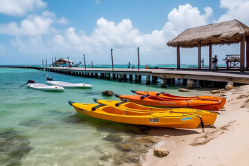 Fototapeta premium The pier with kayaks moored on the beach. Beautiful sunny day with an open sky.