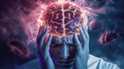 Fototapeta premium Man experiencing headache with visible glowing brain. National Mental Health Awareness