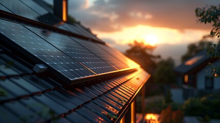 Close-up shot of solar panels on the roof of a contemporary house. Clean energy solution for sustainable living. Renewable power generation concept. Green technology. AI generated