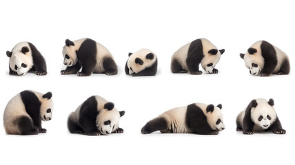 A series of adorable panda cubs in various playful poses isolated on a white background.
