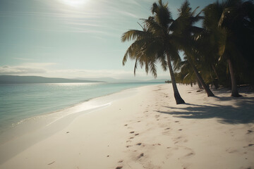 Beach with the afternoon sun, summer, white sand beach, palms, and calm sea.