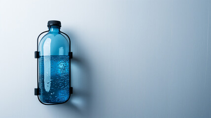 Blue water bottle with condensation, secured with a black holder against a pale blue wall.