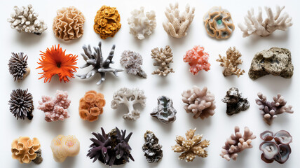 Various colorful coral specimens displayed on a white background, showcasing marine biodiversity.