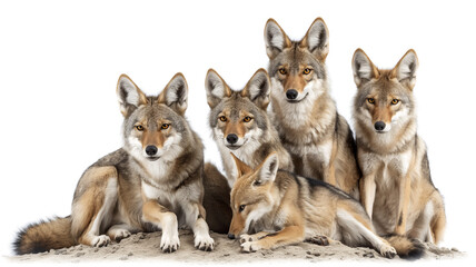 Five wolves posed on sand, two sitting, two standing, one lying down, all looking forward.