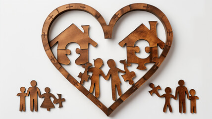 Wooden puzzle pieces forming a heart with figures of a family and a house, symbolizing love and home.