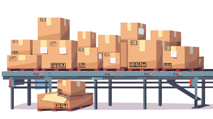 Parcels on conveyor belt in a warehouse. flat vector