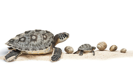Adult turtle with hatchling on sand next to a trail of eggs, white background.