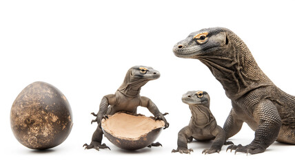 Two young velociraptors with a hatched egg and an adult on white background.