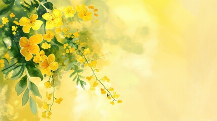 Bright yellow flowers on a copyspace background with green leaves as kerala festival concept with vishu kani holiday floral theme