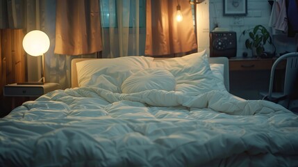 A cozy bed furnished with a soft white mattress, blanket, and pillows inside a room