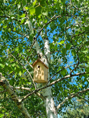 Nichoir pour abriter les oiseaux du jardin accroché dans un arbre vert au printemps