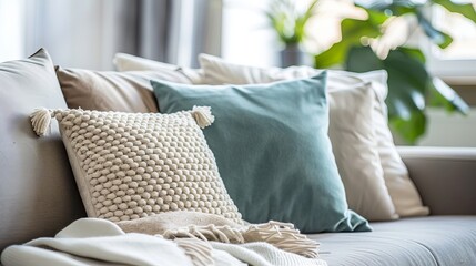 A cropped view of pillows and a blanket on a modern sofa in a freshly renovated living room, emphasizing relaxation and home comfort - obrazy, fototapety, plakaty