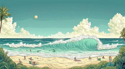 Cartooncore interpretation of a serene beach, with exaggerated waves, cheerful sunbathers, and comical sea creatures