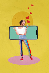 Vertical photo collage of happy girl blogger hold iphone screen interface shopping cloth like heart...